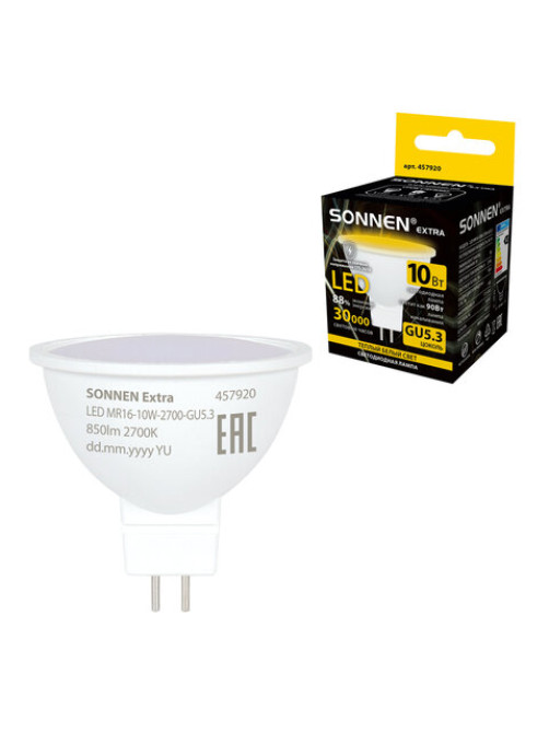 Лампа светодиодная SONNEN EXTRA, 10 (90) Вт, GU5.3, софит, теплый белый, 30000 ч, LED MR16-GU5.3-10W-2700, 457920