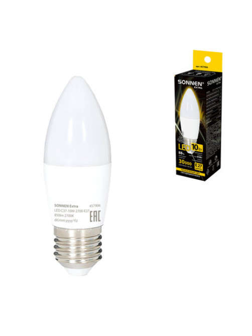 Лампа светодиодная SONNEN EXTRA, 10 (85) Вт, Е27, свеча, теплый белый, 30000 ч, LED C37-10W-2700-Е27, 457906