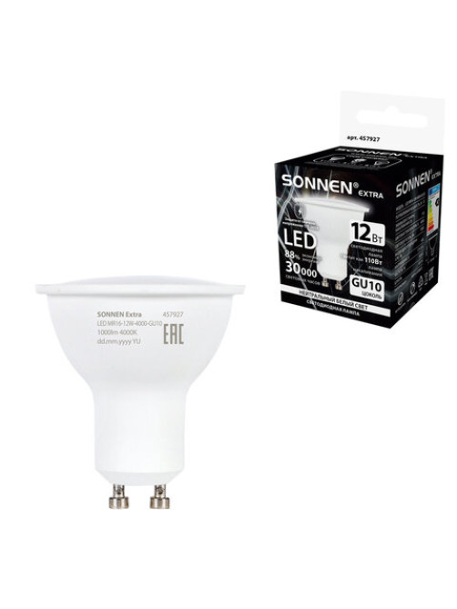 Лампа светодиодная SONNEN EXTRA, 12 (110) Вт, GU10, софит, нейтральный белый, 30000 ч, LED MR16-GU10-12W-4000, 457927