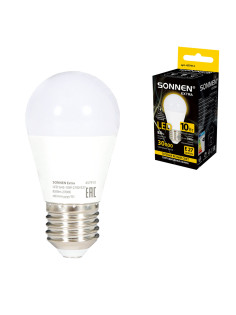 Лампа светодиодная SONNEN EXTRA, 10 (85) Вт, E27, шар, теплый белый, 30000 ч, LED G45-10W-2700-Е27, 457913