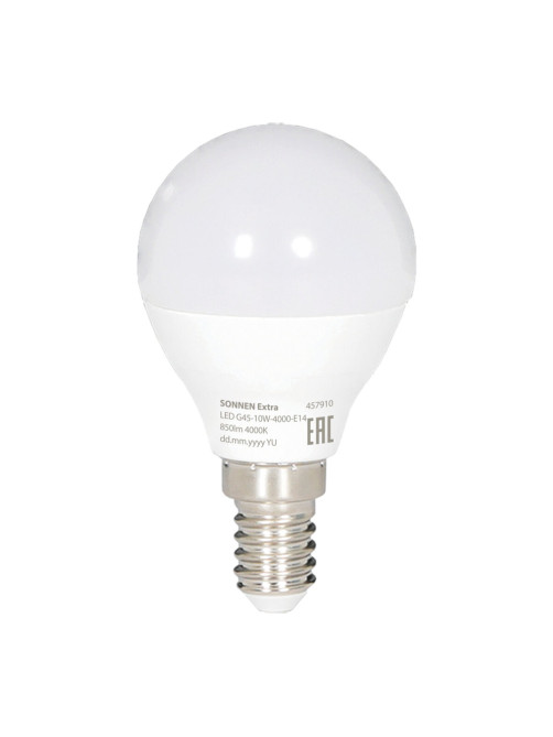 Лампа светодиодная SONNEN EXTRA,10 (85) Вт, E14, шар, нейтральный белый, 30000 ч, LED G45-10W-4000-Е14, 457910