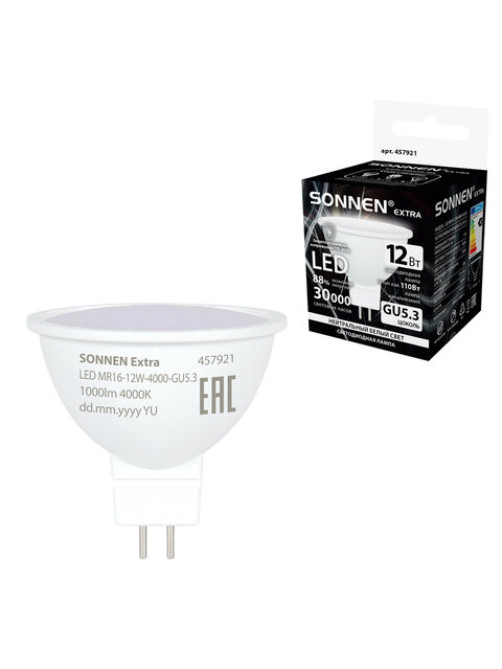 Лампа светодиодная SONNEN EXTRA, 12 (110) Вт, GU5.3, софит, нейтральный белый, 30000 ч, LED MR16-GU5.3-12W-4000, 457921