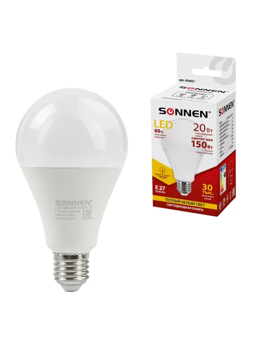 Лампа светодиодная SONNEN, 20 (150) Вт, цоколь Е27, груша, теплый белый, 30000 ч, LED A80-20W-2700-E27, 454921