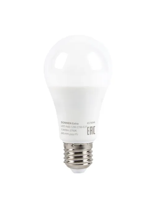Лампа светодиодная SONNEN EXTRA, 12 (100) Вт, Е27, груша, теплый белый, 30000 ч, LED A60-12W-2700-Е27, 457894