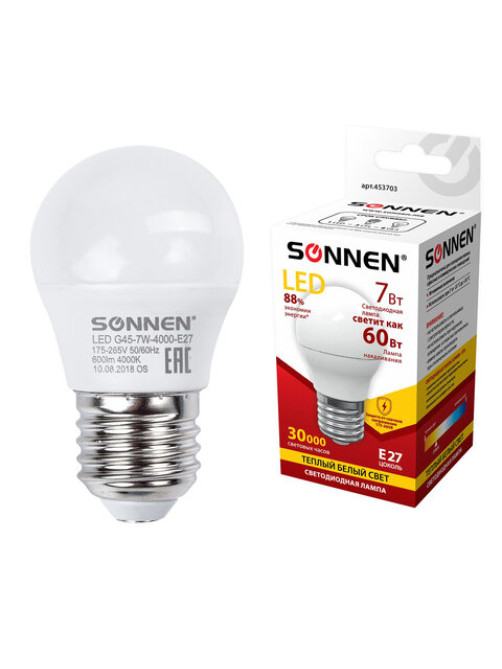 Лампа светодиодная SONNEN, 7 (60) Вт, цоколь E27, шар, теплый белый свет, 30000 ч, LED G45-7W-2700-E27, 453703