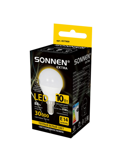 Лампа светодиодная SONNEN EXTRA, 10 (85) Вт, E14, шар, теплый белый, 30000 ч, LED G45-10W-2700-Е14, 457909