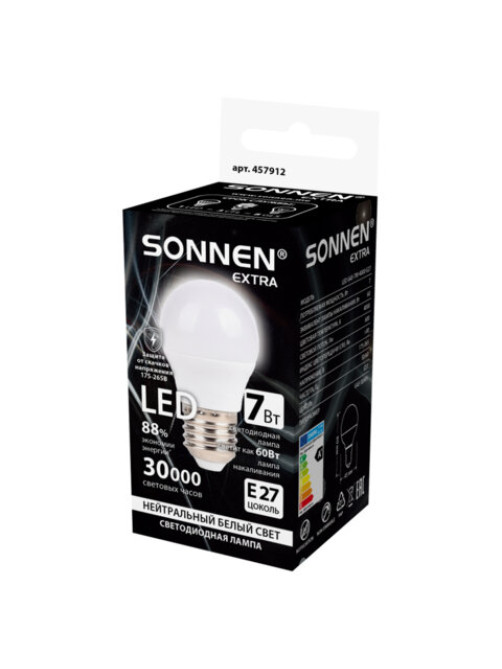 Лампа светодиодная SONNEN EXTRA, 7 (60) Вт, E27, шар, нейтральный белый, 30000 ч, LED G45-7W-4000-Е27, 457912