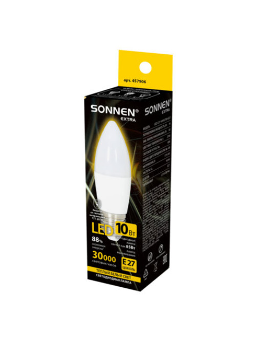 Лампа светодиодная SONNEN EXTRA, 10 (85) Вт, Е27, свеча, теплый белый, 30000 ч, LED C37-10W-2700-Е27, 457906