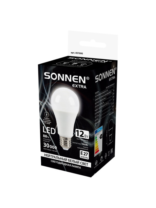 Лампа светодиодная SONNEN EXTRA, 12 (100) Вт, Е27, груша, нейтральный белый, 30000 ч, LED A60-12W-4000-Е27, 457895