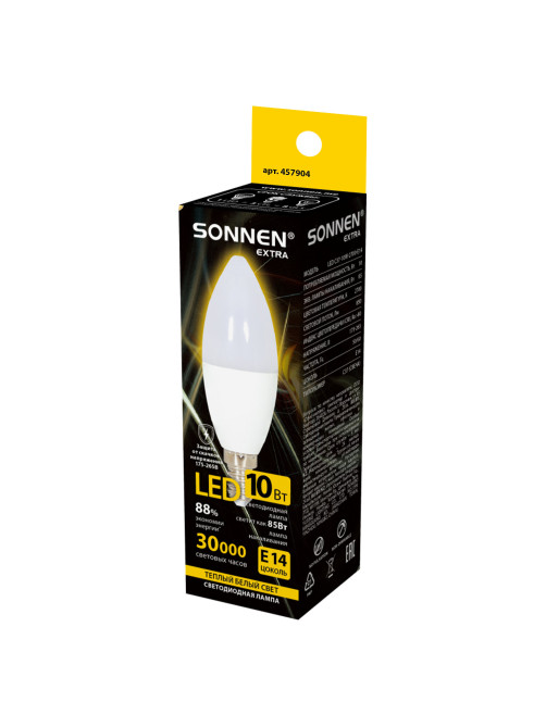 Лампа светодиодная SONNEN EXTRA, 10 (85) Вт, Е14, свеча, теплый белый, 30000 ч, LED C37-10W-2700-Е14, 457904
