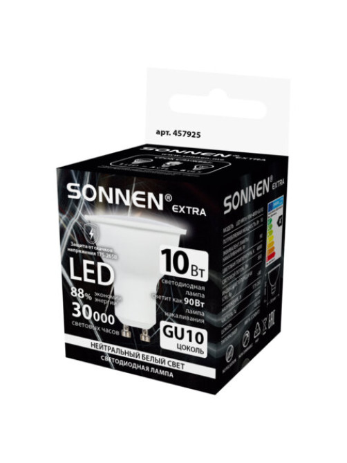 Лампа светодиодная SONNEN EXTRA, 10 (90) Вт, GU10, софит, нейтральный белый, 30000 ч, LED MR16-GU10-10W-4000, 457925