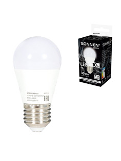 Лампа светодиодная SONNEN EXTRA, 10 (85) Вт, E27, шар, нейтральный белый, 30000 ч, LED G45-10W-4000-Е27, 457914