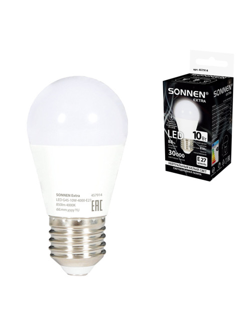 Лампа светодиодная SONNEN EXTRA, 10 (85) Вт, E27, шар, нейтральный белый, 30000 ч, LED G45-10W-4000-Е27, 457914