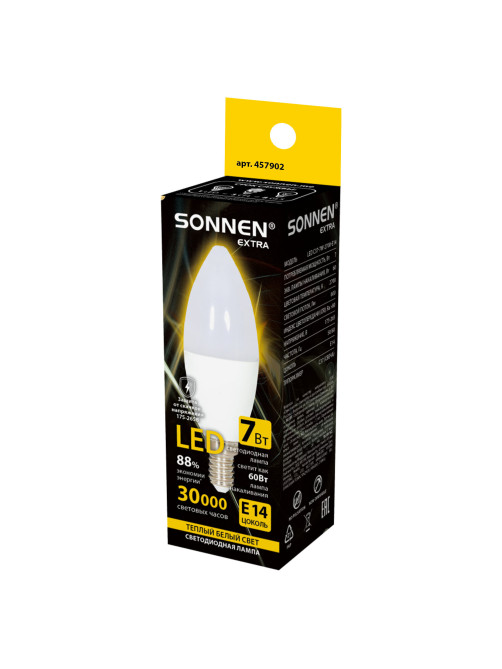 Лампа светодиодная SONNEN EXTRA, 7 (60) Вт, Е14, свеча, теплый белый, 30000 ч, LED C37-7W-2700-Е14, 457902