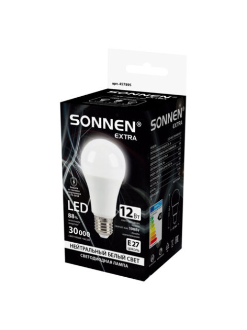 Лампа светодиодная SONNEN EXTRA, 12 (100) Вт, Е27, груша, нейтральный белый, 30000 ч, LED A60-12W-4000-Е27, 457895