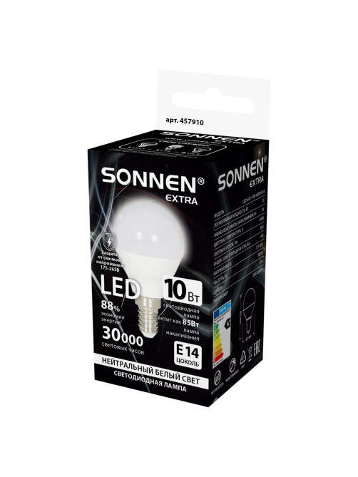 Лампа светодиодная SONNEN EXTRA,10 (85) Вт, E14, шар, нейтральный белый, 30000 ч, LED G45-10W-4000-Е14, 457910