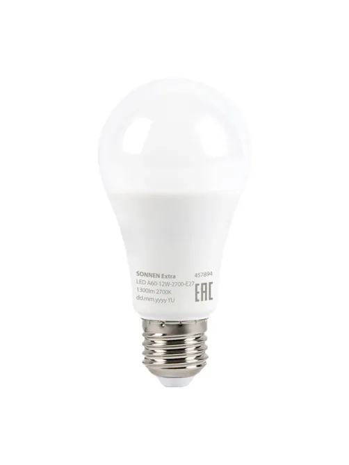 Лампа светодиодная SONNEN EXTRA, 12 (100) Вт, Е27, груша, теплый белый, 30000 ч, LED A60-12W-2700-Е27, 457894