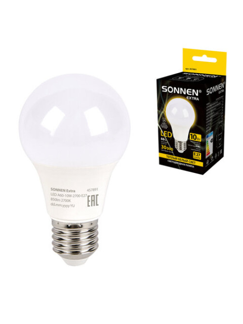 Лампа светодиодная SONNEN EXTRA, 10 (85) Вт, Е27, груша, теплый белый, 30000 ч, LED A60-10W-2700-Е27, 457891