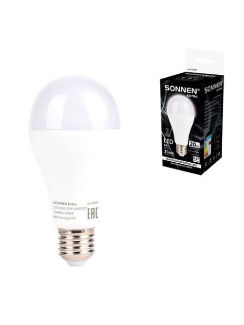 Лампа светодиодная SONNEN EXTRA, 20 (150) Вт, Е27, груша, нейтральный белый, 30000 ч, LED A65-20W-4000-Е27, 457899