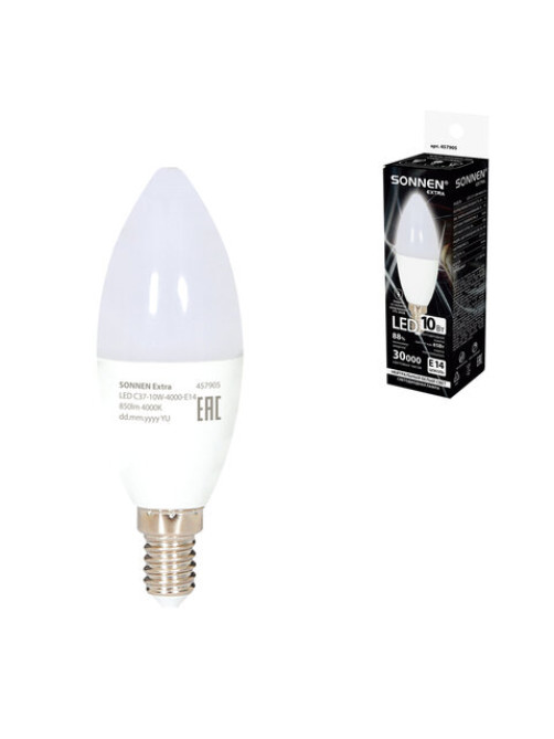 Лампа светодиодная SONNEN EXTRA, 10 (85) Вт, Е14, свеча, нейтральный белый, 30000 ч, LED C37-10W-4000-Е14, 457905