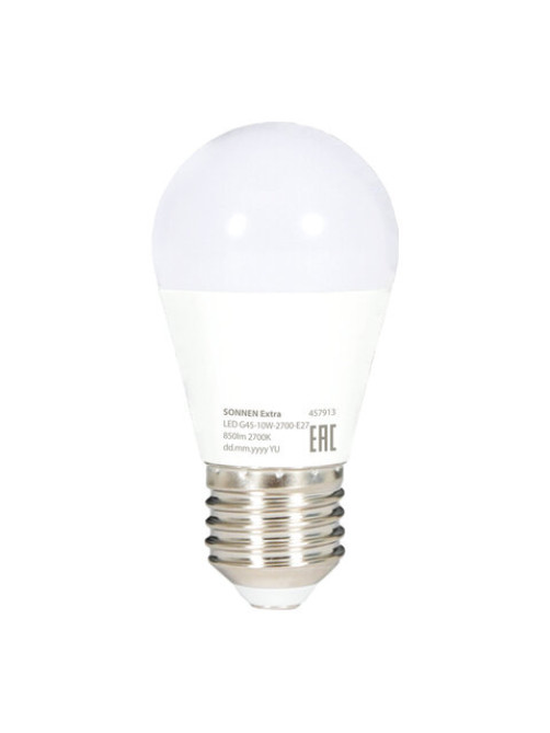 Лампа светодиодная SONNEN EXTRA, 10 (85) Вт, E27, шар, теплый белый, 30000 ч, LED G45-10W-2700-Е27, 457913