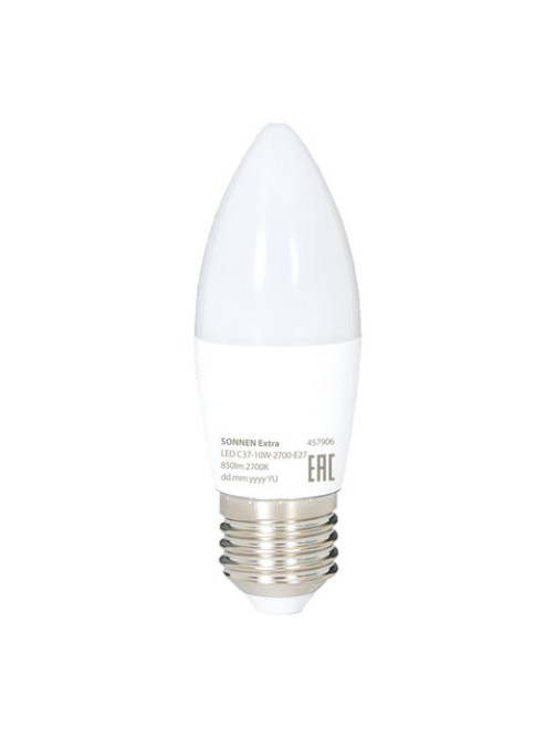 Лампа светодиодная SONNEN EXTRA, 10 (85) Вт, Е27, свеча, теплый белый, 30000 ч, LED C37-10W-2700-Е27, 457906
