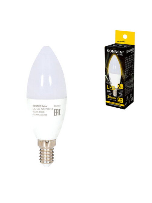 Лампа светодиодная SONNEN EXTRA, 7 (60) Вт, Е14, свеча, теплый белый, 30000 ч, LED C37-7W-2700-Е14, 457902