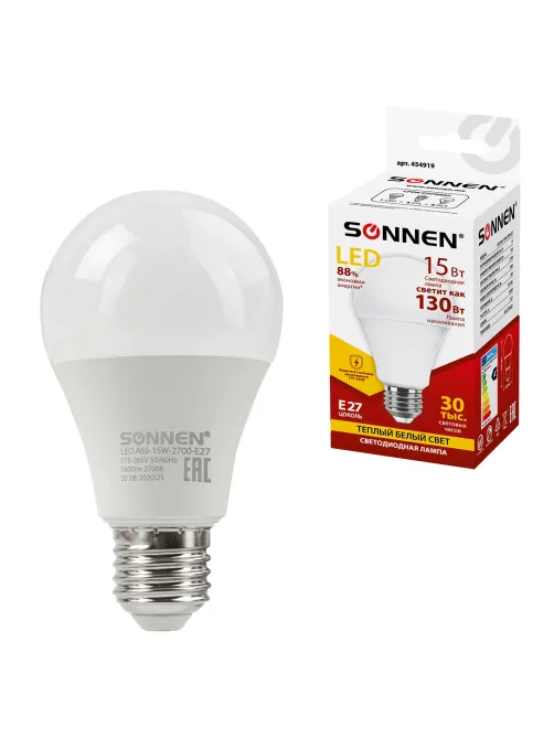 Лампа светодиодная SONNEN, 15 (130) Вт, цоколь Е27, груша, теплый белый, 30000 ч, LED A65-15W-2700-E27, 454919