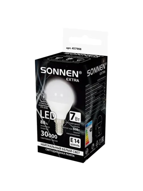 Лампа светодиодная SONNEN EXTRA, 7 (60) Вт, E14, шар, нейтральный белый, 30000 ч, LED G45-7W-4000-Е14, 457908