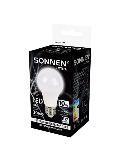 Лампа светодиодная SONNEN EXTRA, 10 (85) Вт, Е27, груша, нейтральный белый, 30000 ч, LED A60-10W-4000-Е27, 457892