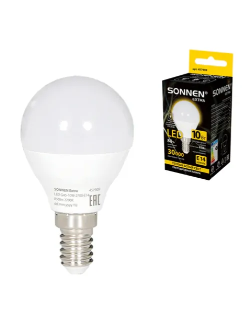 Лампа светодиодная SONNEN EXTRA, 10 (85) Вт, E14, шар, теплый белый, 30000 ч, LED G45-10W-2700-Е14, 457909