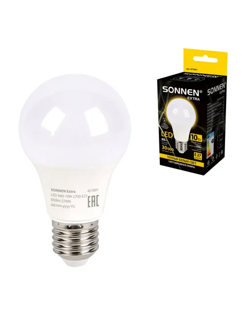 Лампа светодиодная SONNEN EXTRA, 10 (85) Вт, Е27, груша, теплый белый, 30000 ч, LED A60-10W-2700-Е27, 457891