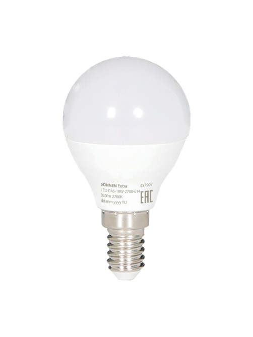 Лампа светодиодная SONNEN EXTRA, 10 (85) Вт, E14, шар, теплый белый, 30000 ч, LED G45-10W-2700-Е14, 457909
