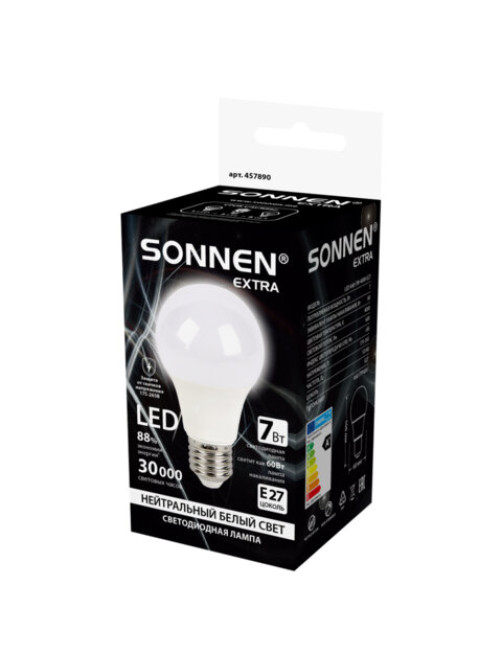 Лампа светодиодная SONNEN EXTRA, 7 (60) Вт, Е27, груша, нейтральный белый, 30000 ч, LED A60-7W-4000-Е27, 457890