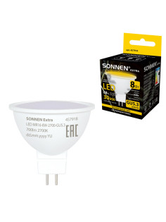 Лампа светодиодная SONNEN EXTRA, 8 (70) Вт, GU5.3, софит, теплый белый, 30000 ч, LED MR16-GU5.3-8W-2700, 457918