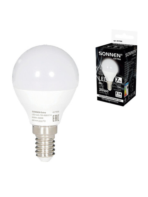 Лампа светодиодная SONNEN EXTRA, 7 (60) Вт, E14, шар, нейтральный белый, 30000 ч, LED G45-7W-4000-Е14, 457908