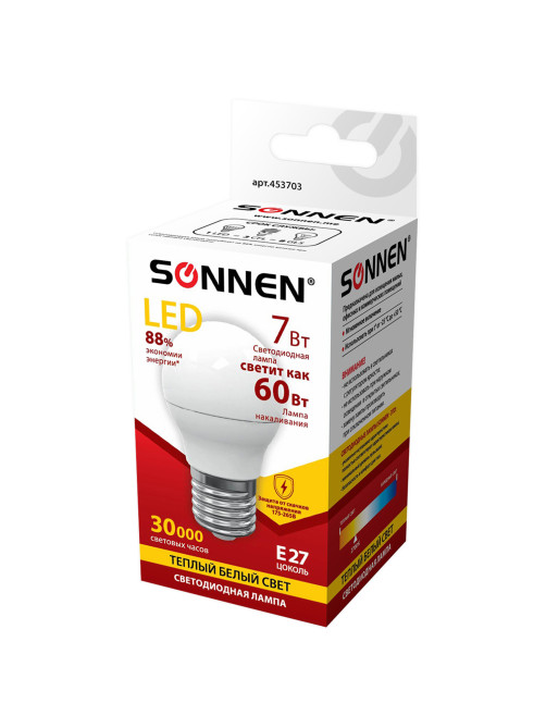 Лампа светодиодная SONNEN, 7 (60) Вт, цоколь E27, шар, теплый белый свет, 30000 ч, LED G45-7W-2700-E27, 453703