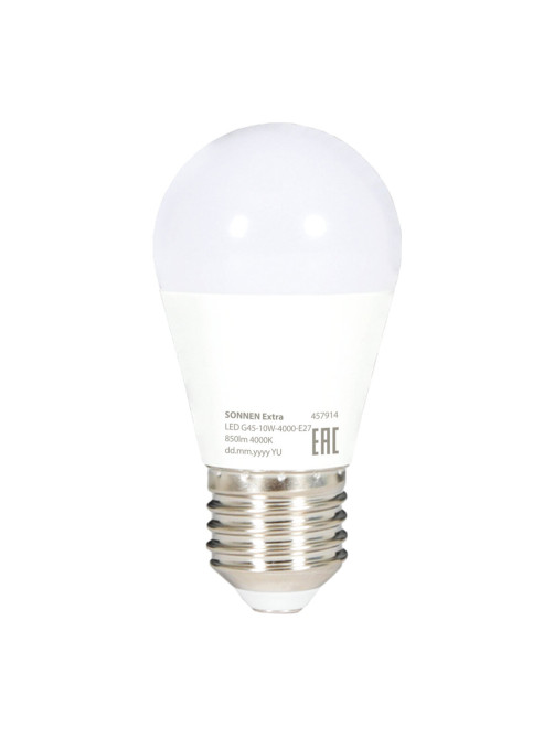 Лампа светодиодная SONNEN EXTRA, 10 (85) Вт, E27, шар, нейтральный белый, 30000 ч, LED G45-10W-4000-Е27, 457914