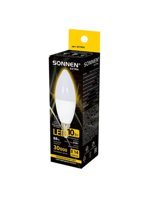 Лампа светодиодная SONNEN EXTRA, 10 (85) Вт, Е14, свеча, теплый белый, 30000 ч, LED C37-10W-2700-Е14, 457904