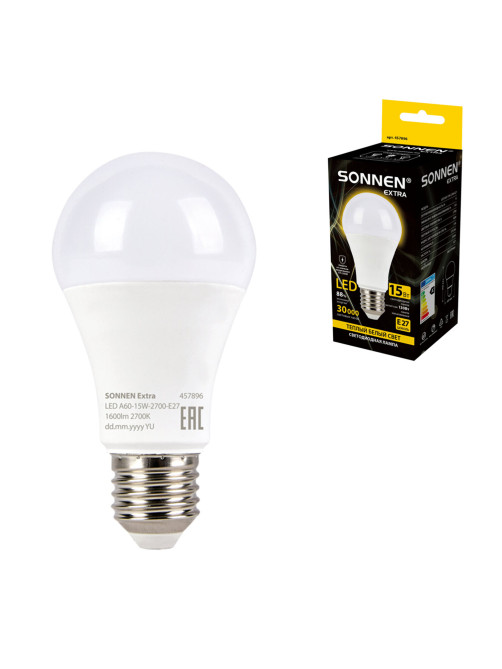Лампа светодиодная SONNEN EXTRA, 15 (130) Вт, Е27, груша, теплый белый, 30000 ч, LED A60-15W-2700-Е27, 457896