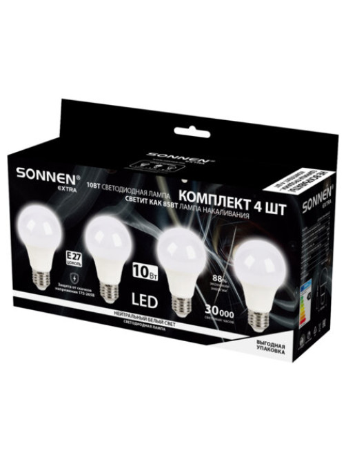 Лампа светодиодная SONNEN EXTRA, 10 (85) Вт, КОМПЛЕКТ 4 шт., Е27, нейтральный белый, 30000 ч, LED A60-10W-4000-Е27, 457893