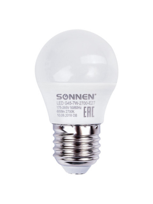 Лампа светодиодная SONNEN, 7 (60) Вт, цоколь E27, шар, теплый белый свет, 30000 ч, LED G45-7W-2700-E27, 453703