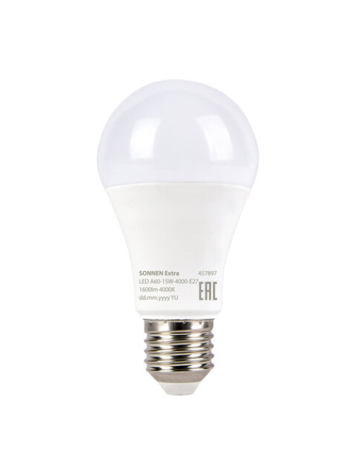 Лампа светодиодная SONNEN EXTRA, 15 (130) Вт, Е27, груша, нейтральный белый, 30000 ч, LED A60-15W-4000-Е27, 457897