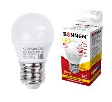 Лампа светодиодная SONNEN, 7 (60) Вт, цоколь E27, шар, теплый белый свет, 30000 ч, LED G45-7W-2700-E27, 453703