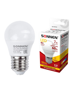Лампа светодиодная SONNEN, 7 (60) Вт, цоколь E27, шар, теплый белый свет, 30000 ч, LED G45-7W-2700-E27, 453703