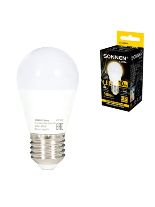 Лампа светодиодная SONNEN EXTRA, 10 (85) Вт, E27, шар, теплый белый, 30000 ч, LED G45-10W-2700-Е27, 457913