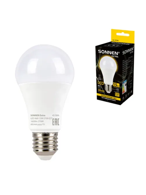 Лампа светодиодная SONNEN EXTRA, 15 (130) Вт, Е27, груша, теплый белый, 30000 ч, LED A60-15W-2700-Е27, 457896