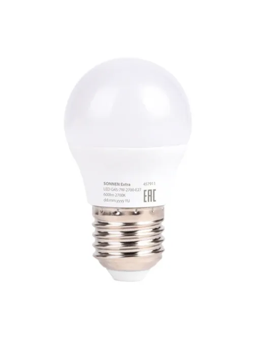 Лампа светодиодная SONNEN EXTRA, 7 (60) Вт, E27, шар, теплый белый, 30000 ч, LED G45-7W-2700-Е27, 457911