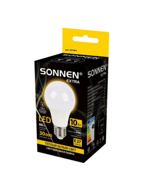 Лампа светодиодная SONNEN EXTRA, 10 (85) Вт, Е27, груша, теплый белый, 30000 ч, LED A60-10W-2700-Е27, 457891