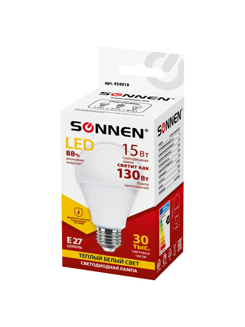 Лампа светодиодная SONNEN, 15 (130) Вт, цоколь Е27, груша, теплый белый, 30000 ч, LED A65-15W-2700-E27, 454919